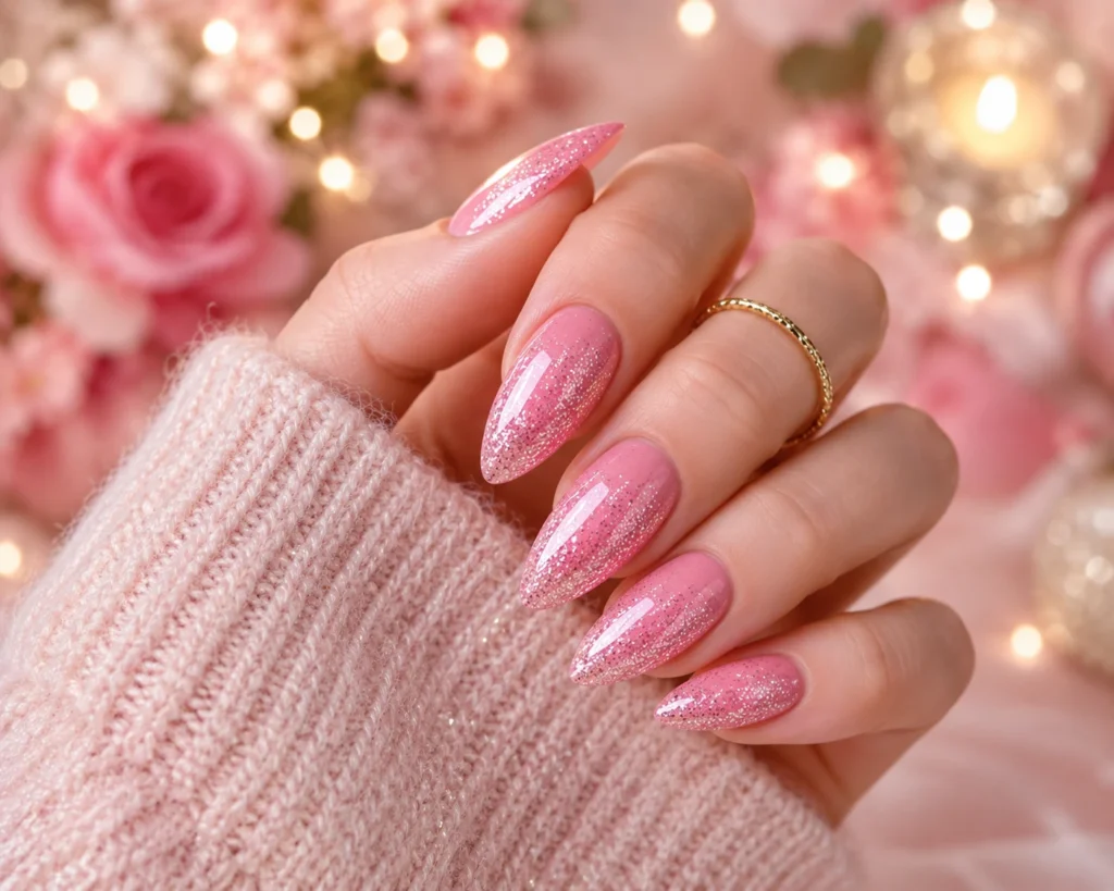Glitter Pink Almond Nails