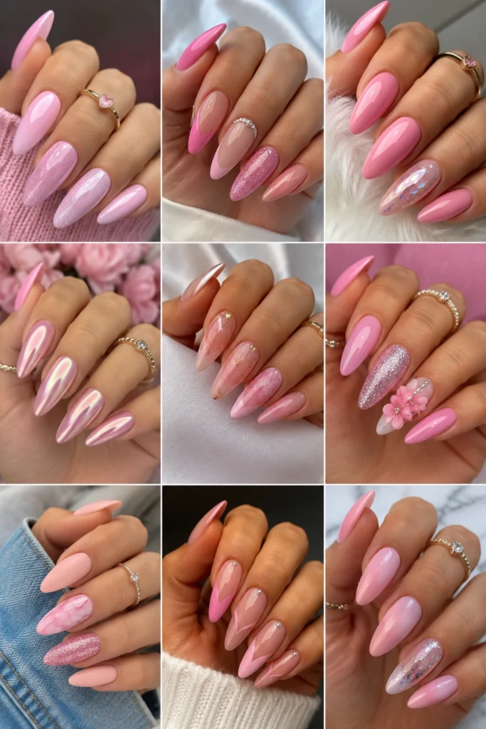 Long pink almond nail designs with glossy finish and elegant modern nail art